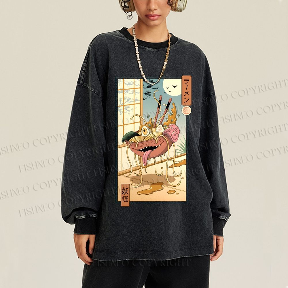 Unisex Casual Washed Yokai Ramen In Edo Printed Long Sleeve T-shirt