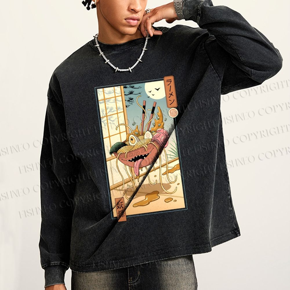 Unisex Casual Washed Yokai Ramen In Edo Printed Long Sleeve T-shirt