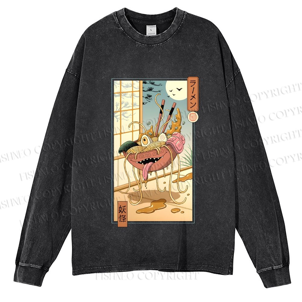 Unisex Casual Washed Yokai Ramen In Edo Printed Long Sleeve T-shirt