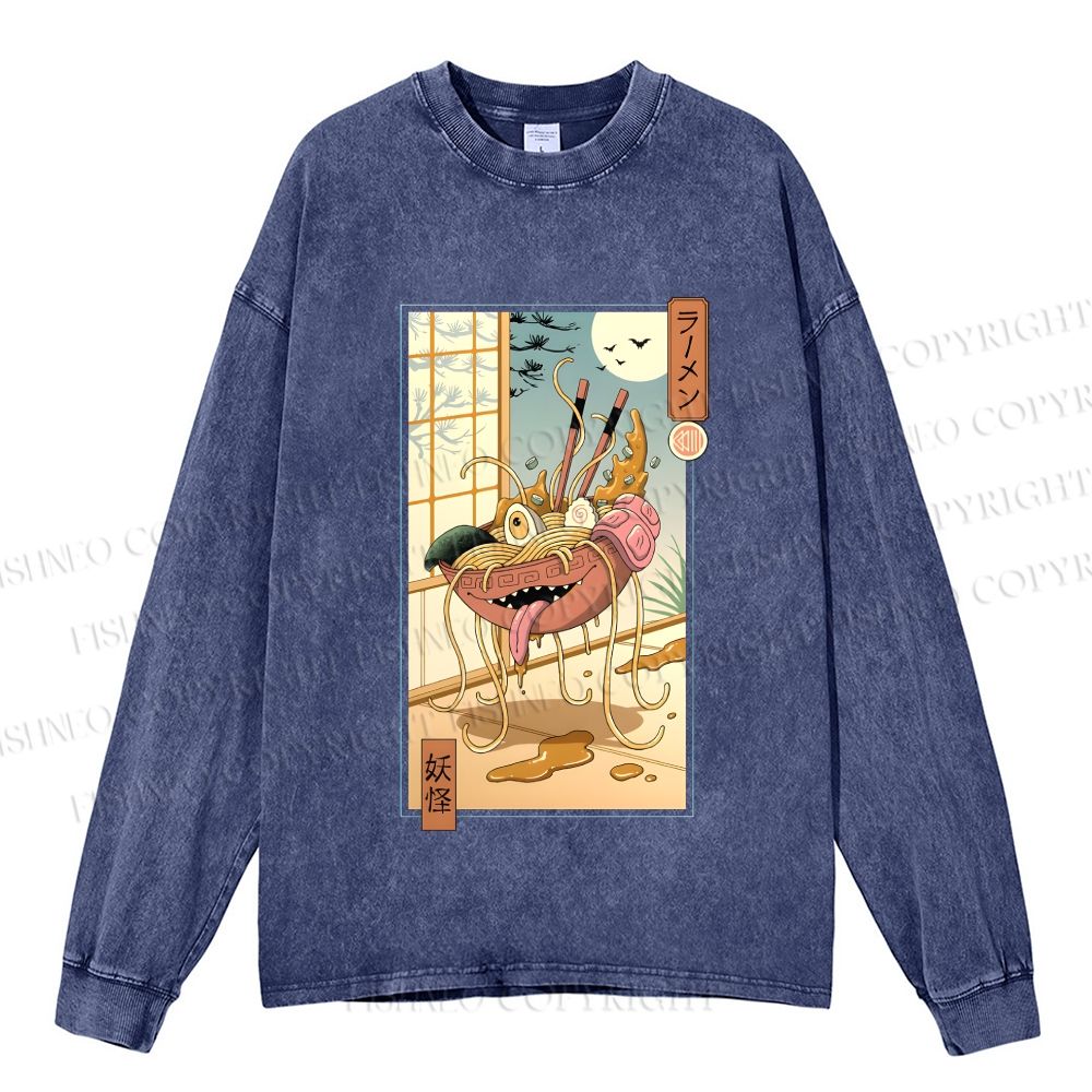 Unisex Casual Washed Yokai Ramen In Edo Printed Long Sleeve T-shirt