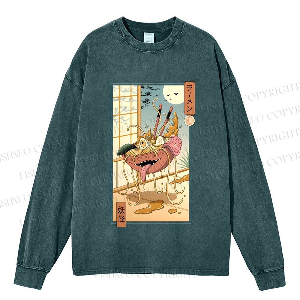 Unisex Casual Washed Yokai Ramen In Edo Printed Long Sleeve T-shirt
