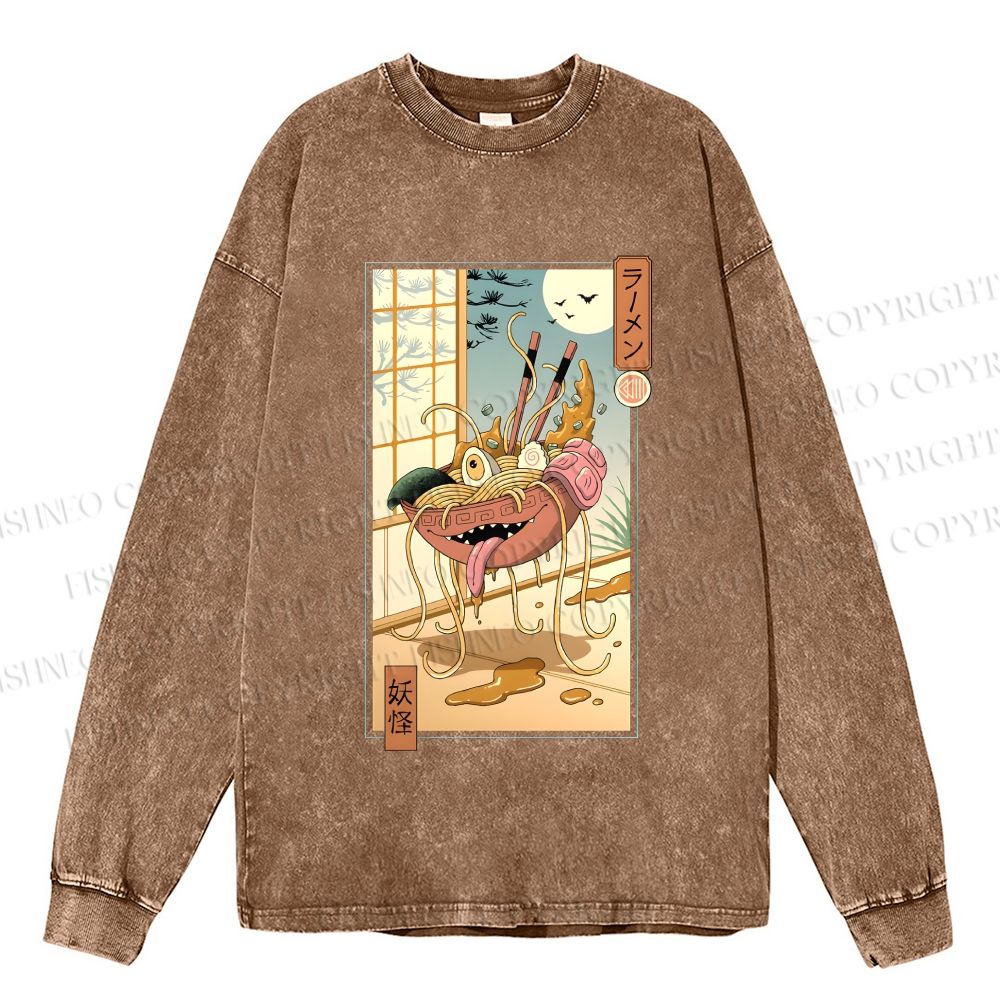 Unisex Casual Washed Yokai Ramen In Edo Printed Long Sleeve T-shirt