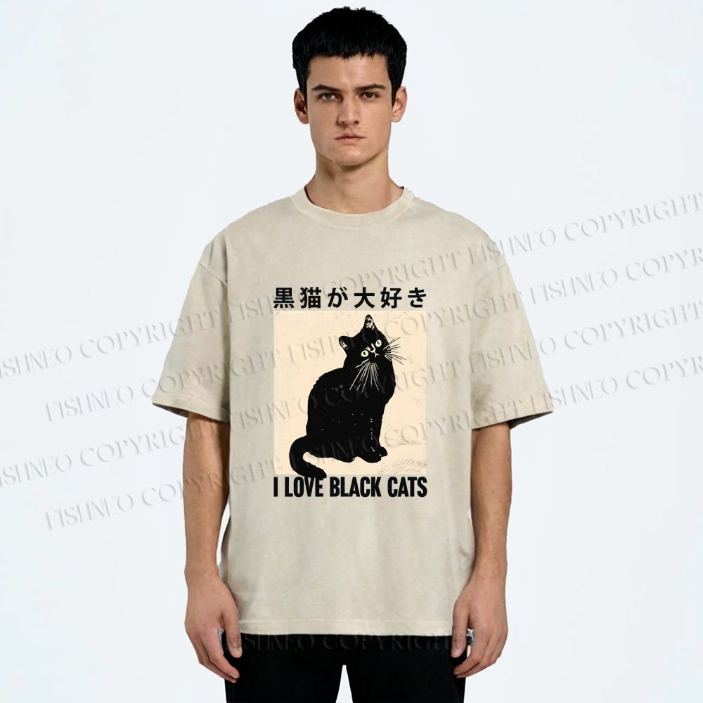 Unisex I Love Black Cats Printed Washed Tee