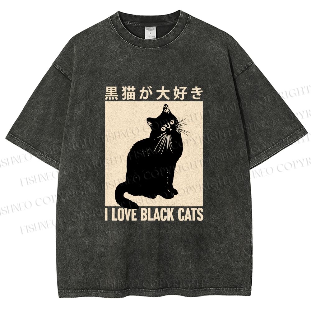 Unisex I Love Black Cats Printed Washed Tee