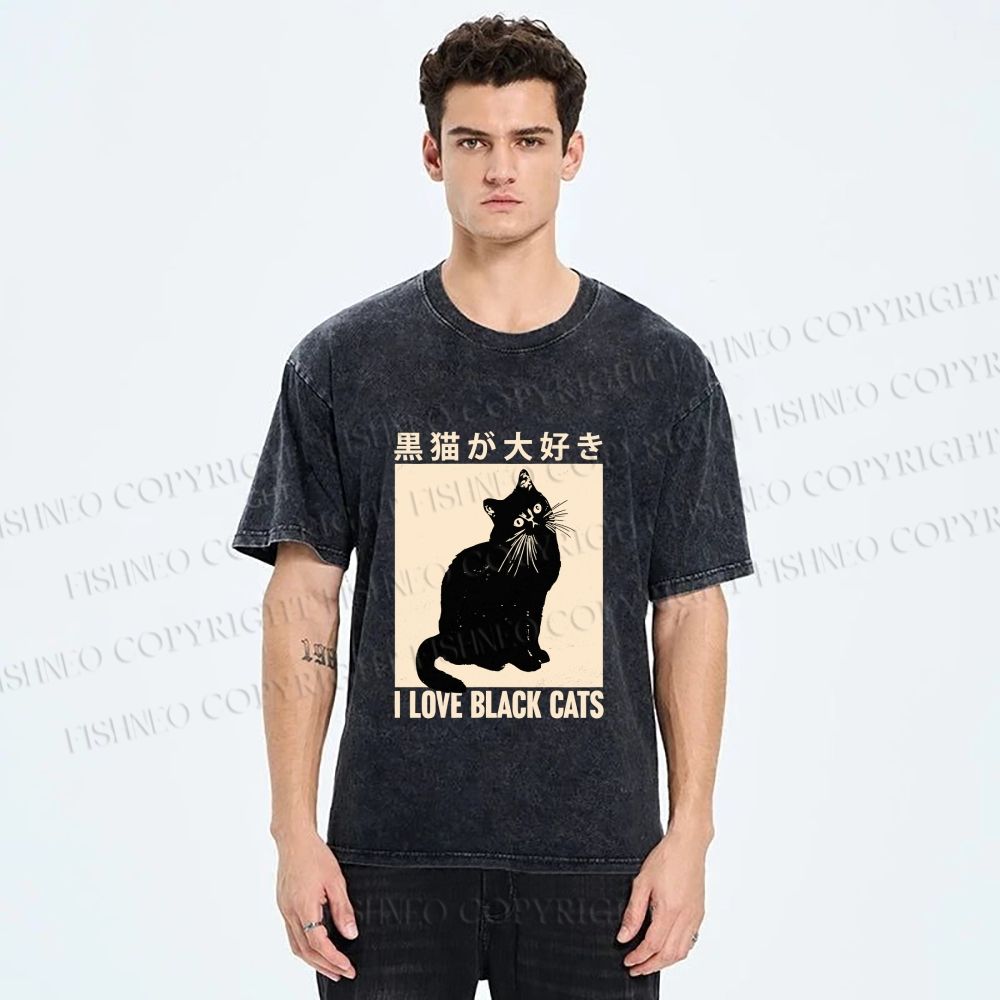 Unisex I Love Black Cats Printed Washed Tee