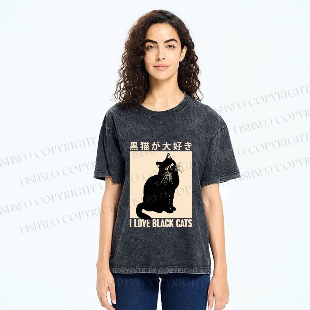 Unisex I Love Black Cats Printed Washed Tee