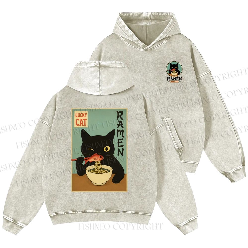 Unisex Casual Ramen Cat Printed Double-sided Washed Hoodie