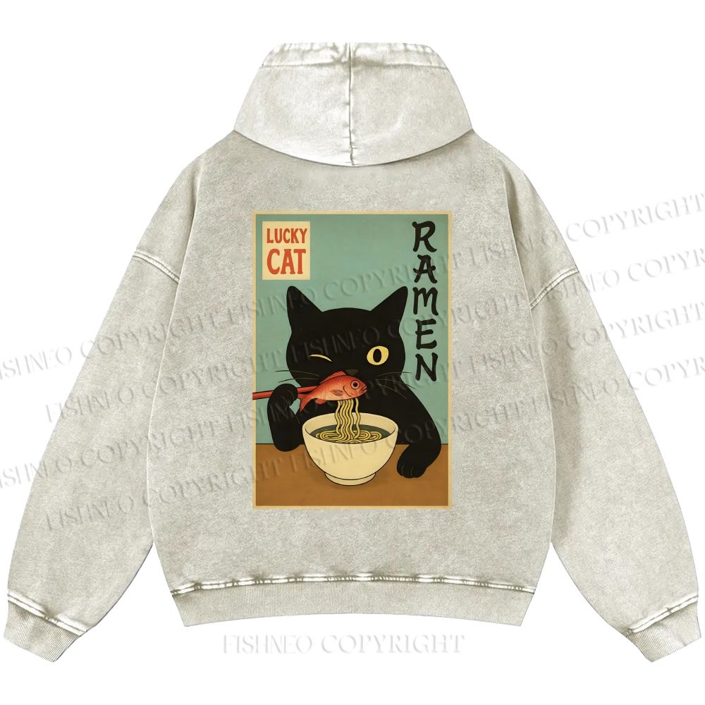Unisex Casual Ramen Cat Printed Double-sided Washed Hoodie