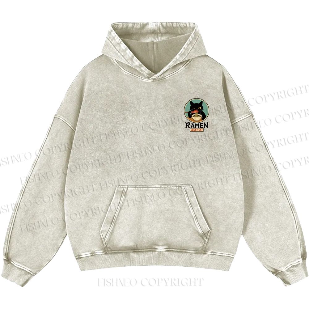 Unisex Casual Ramen Cat Printed Double-sided Washed Hoodie
