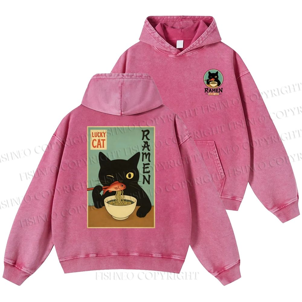 Unisex Casual Ramen Cat Printed Double-sided Washed Hoodie