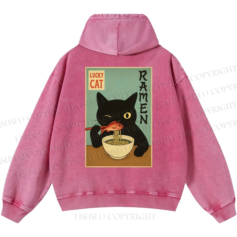 Unisex Casual Ramen Cat Printed Double-sided Washed Hoodie