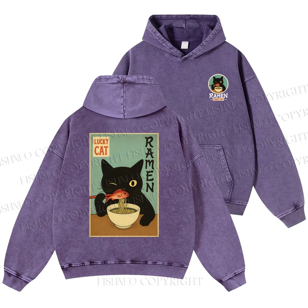 Unisex Casual Ramen Cat Printed Double-sided Washed Hoodie