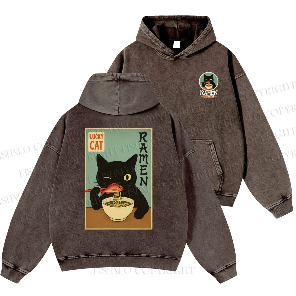 Unisex Casual Ramen Cat Printed Double-sided Washed Hoodie