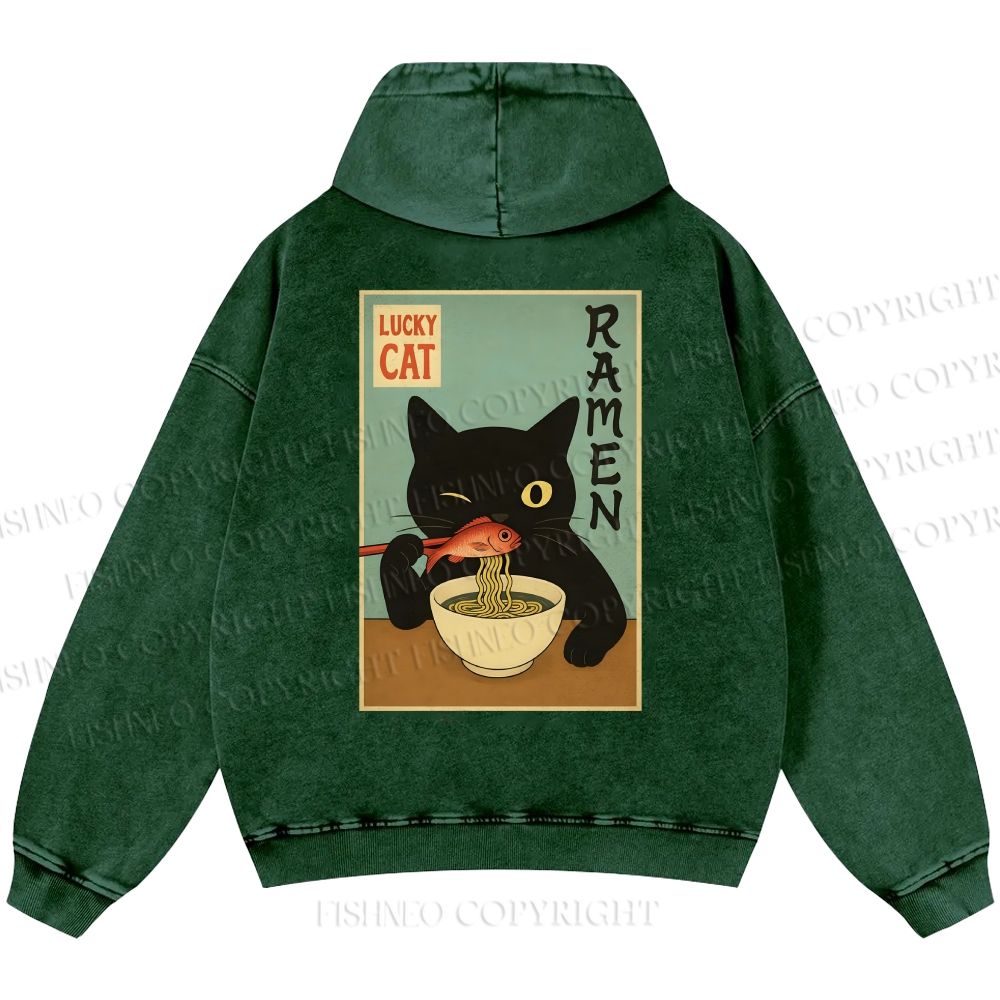 Unisex Casual Ramen Cat Printed Double-sided Washed Hoodie