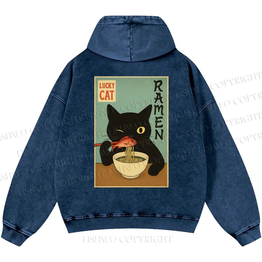 Unisex Casual Ramen Cat Printed Double-sided Washed Hoodie