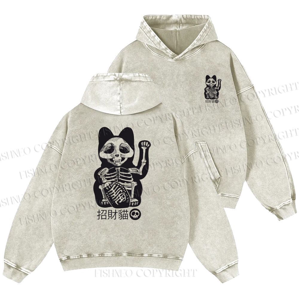Unisex Casual Skeleton Maneki Neko Printed Double-sided Washed Hoodie