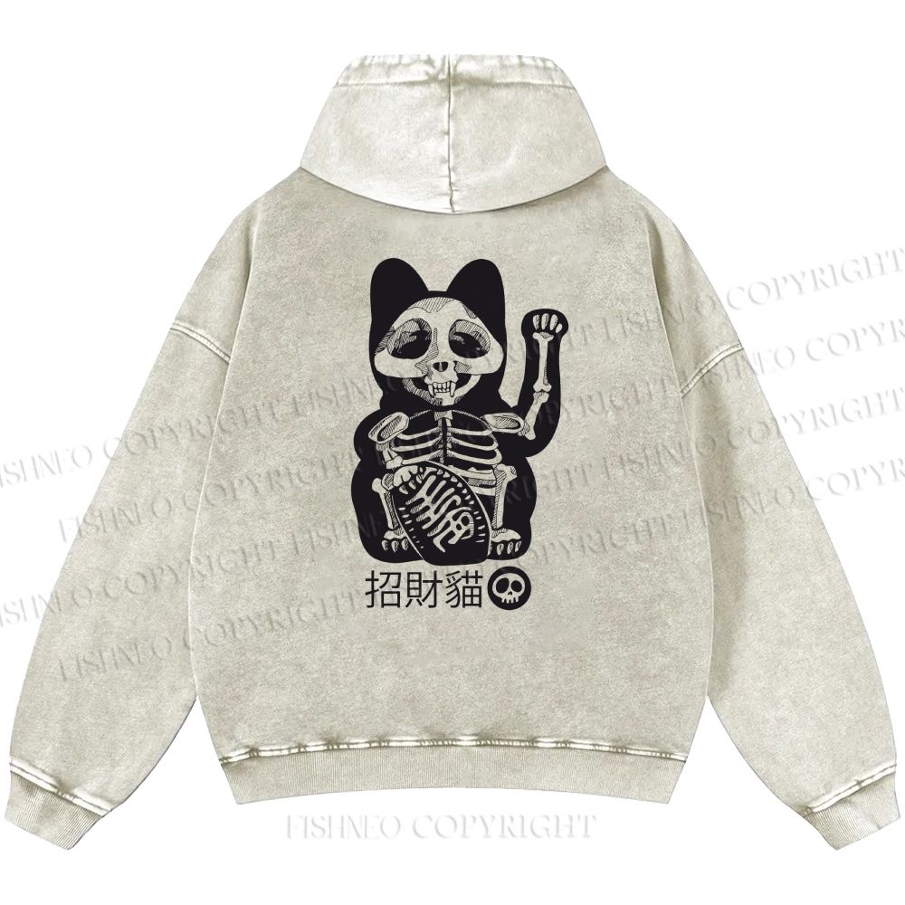 Unisex Casual Skeleton Maneki Neko Printed Double-sided Washed Hoodie