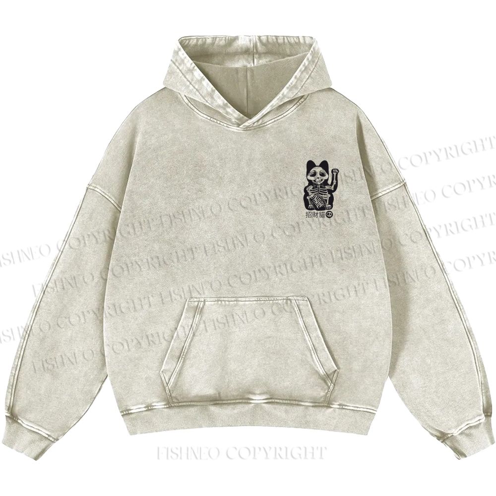 Unisex Casual Skeleton Maneki Neko Printed Double-sided Washed Hoodie