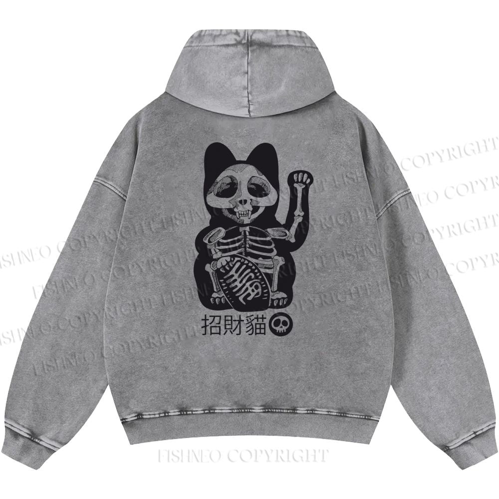 Unisex Casual Skeleton Maneki Neko Printed Double-sided Washed Hoodie