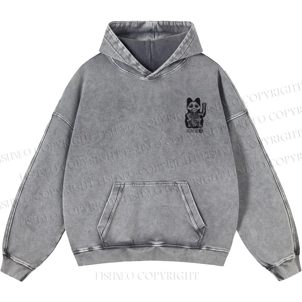 Unisex Casual Skeleton Maneki Neko Printed Double-sided Washed Hoodie