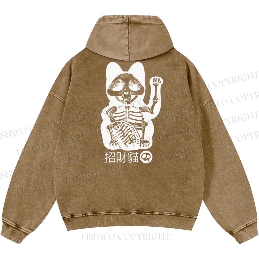 Unisex Casual Skeleton Maneki Neko Printed Double-sided Washed Hoodie