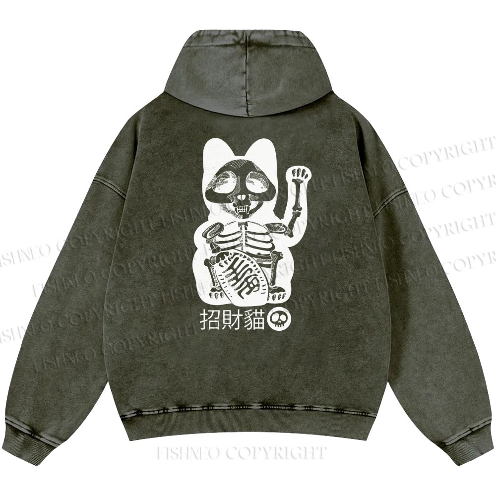 Unisex Casual Skeleton Maneki Neko Printed Double-sided Washed Hoodie