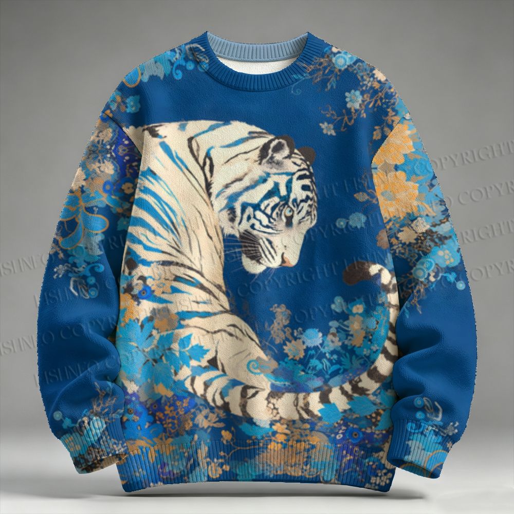 Haruna Takahama Vintage White Tiger in Blue Flowers Raglan Sweater