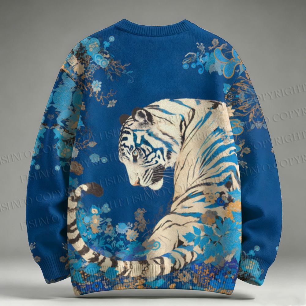 Haruna Takahama Vintage White Tiger in Blue Flowers Raglan Sweater