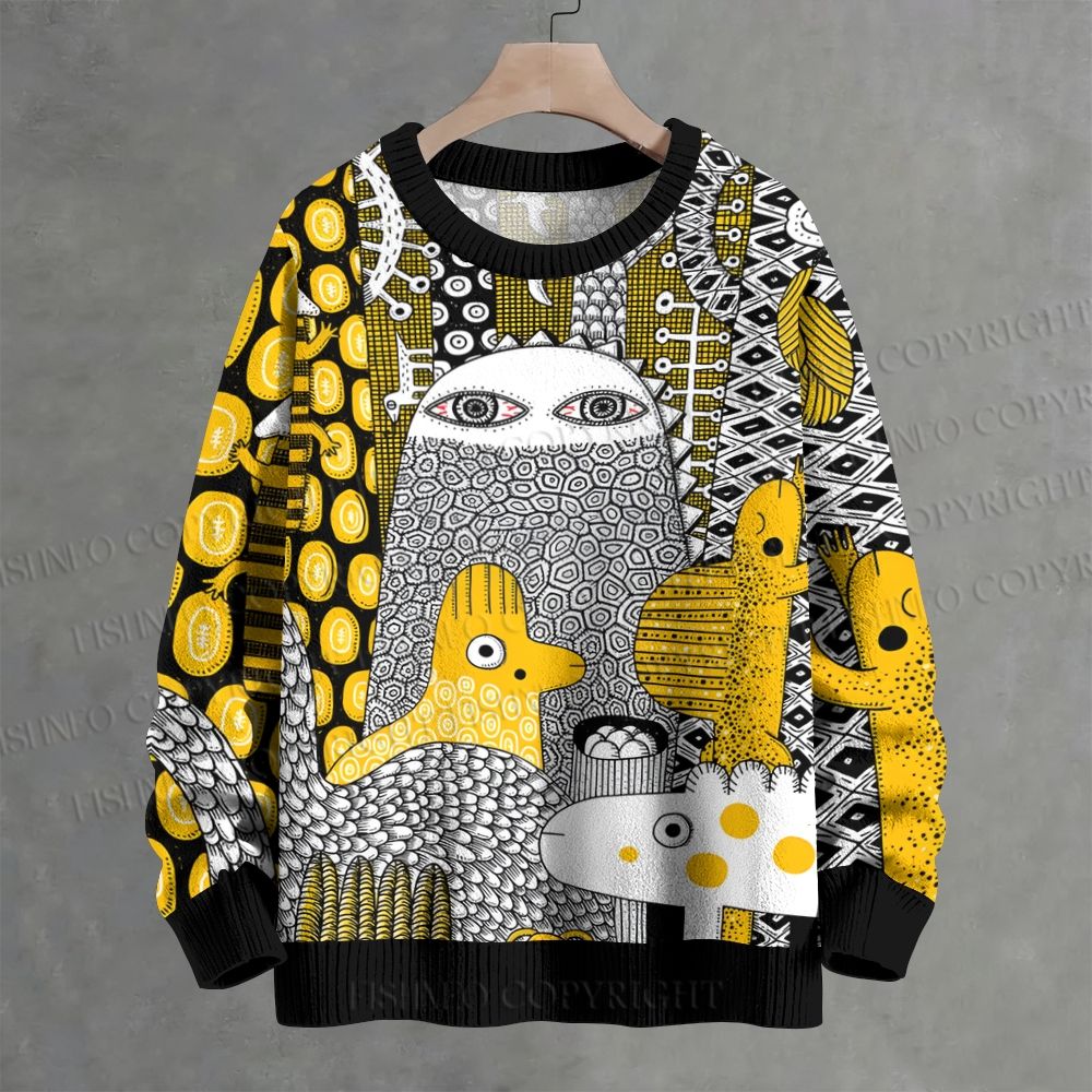 Yellow Abstract Doodle Crew Neck Sweater