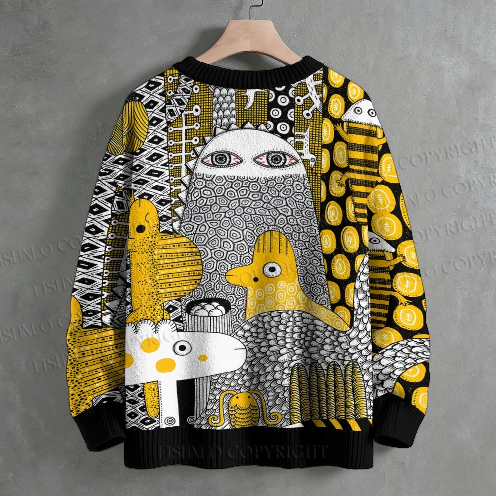 Yellow Abstract Doodle Crew Neck Sweater