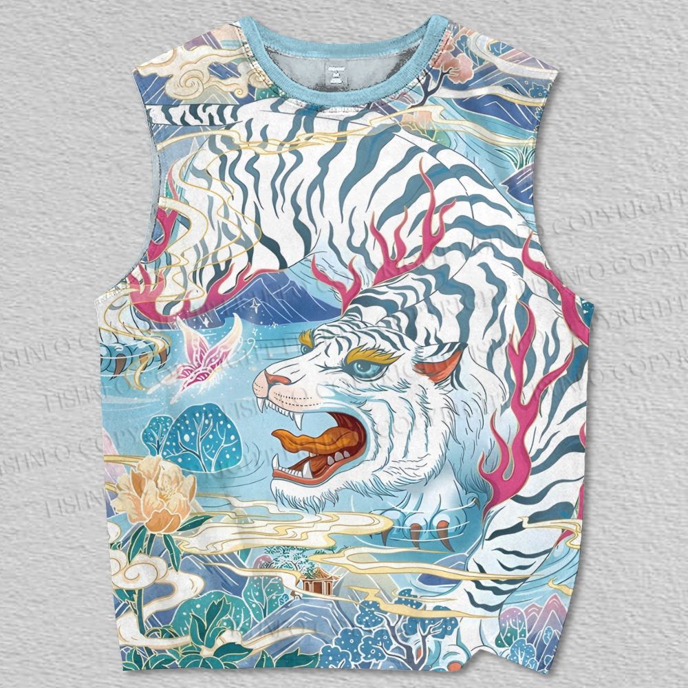 Unisex White Tiger in Water Printed Tank Top
