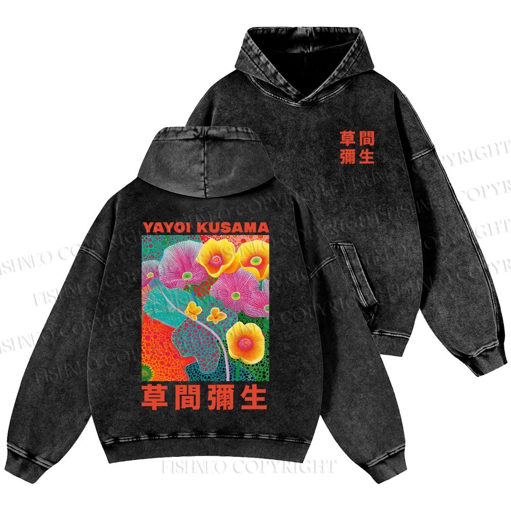 Unisex Yayoi Kusama Flowers Casual Shinigami Printed Double-sided Washed Hoodie