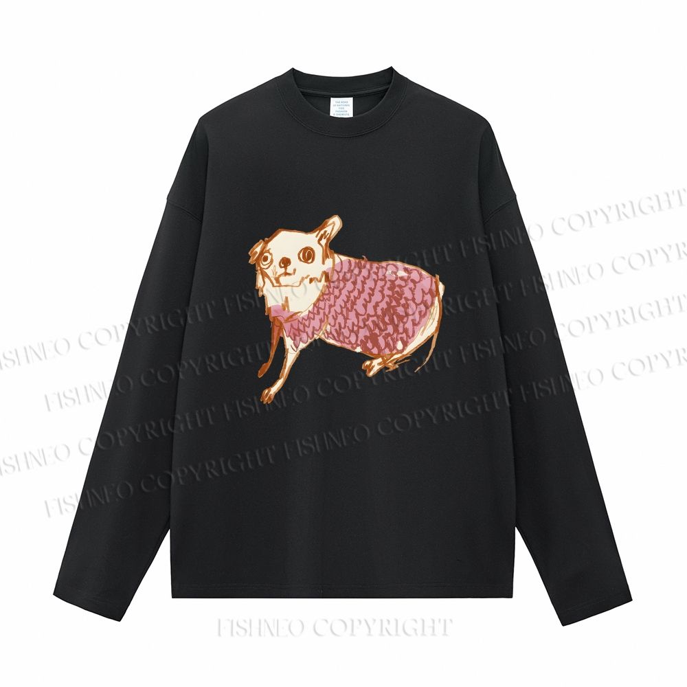 Unisex Sloppy hand-drawn Chihuahua Casual Cotton Printed Long Sleeve T-shirt