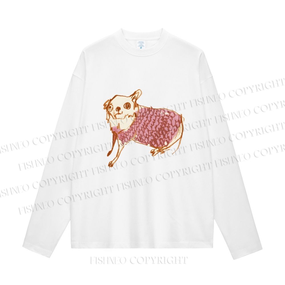 Unisex Sloppy hand-drawn Chihuahua Casual Cotton Printed Long Sleeve T-shirt