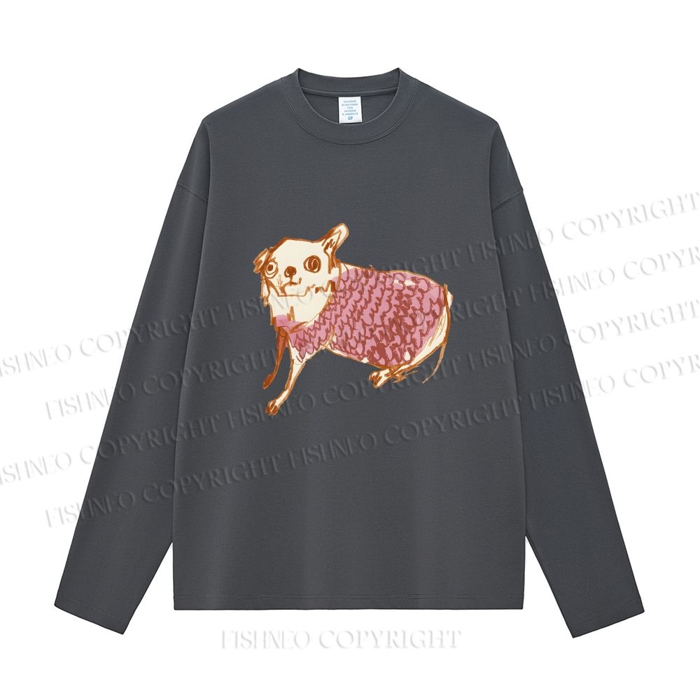 Unisex Sloppy hand-drawn Chihuahua Casual Cotton Printed Long Sleeve T-shirt