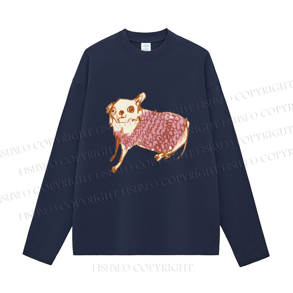 Unisex Sloppy hand-drawn Chihuahua Casual Cotton Printed Long Sleeve T-shirt