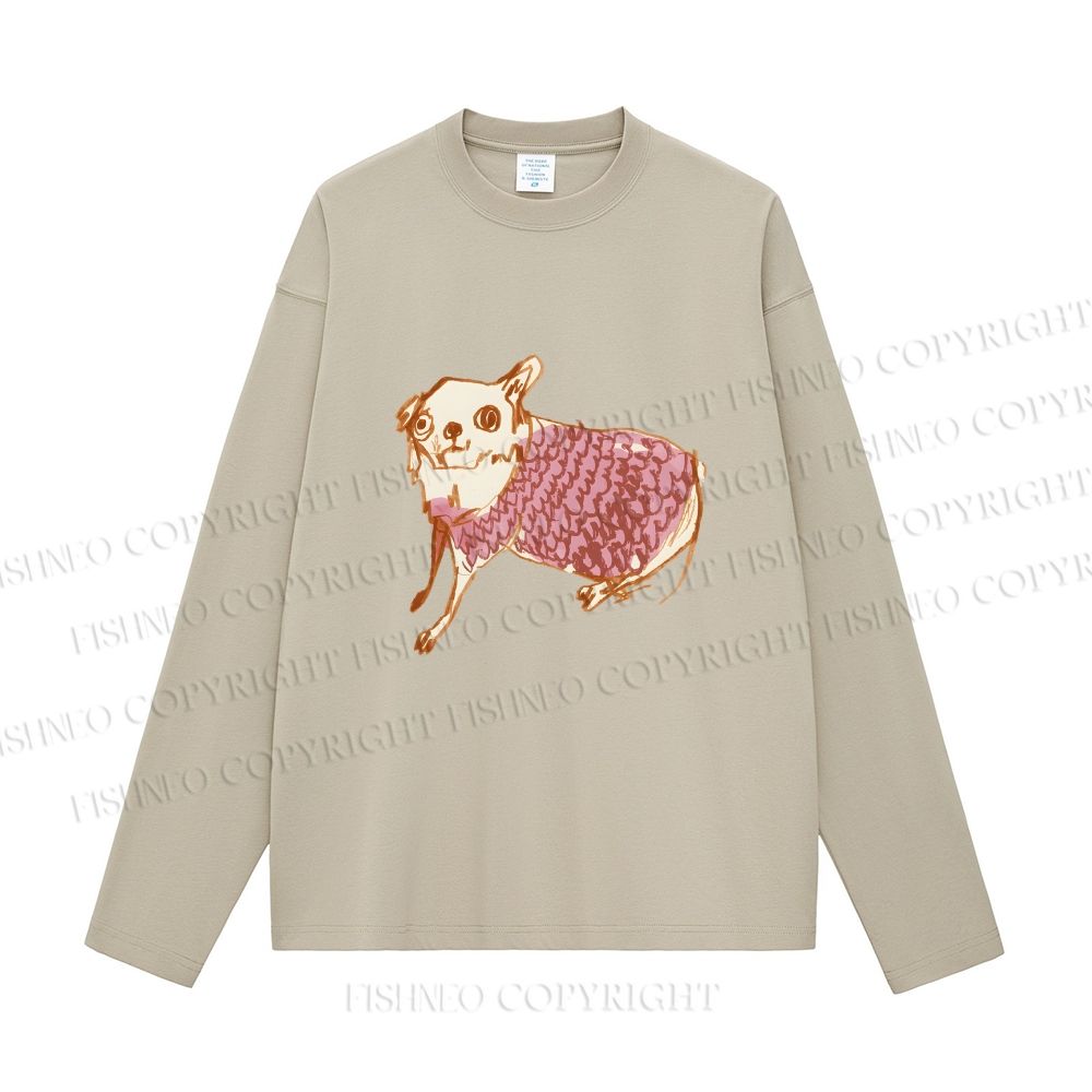 Unisex Sloppy hand-drawn Chihuahua Casual Cotton Printed Long Sleeve T-shirt