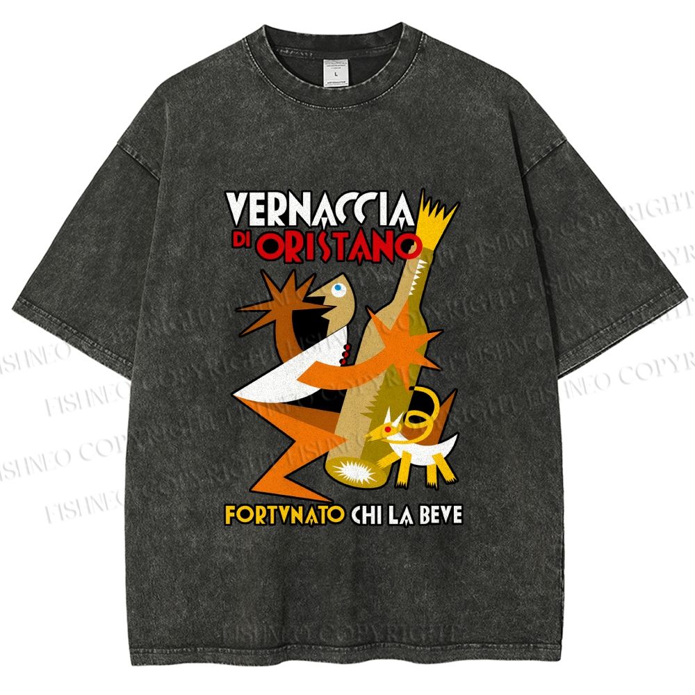 Unisex Fortunato Depero Geometric Funny Man Holding a Beer With Dog Printed Washed Tee