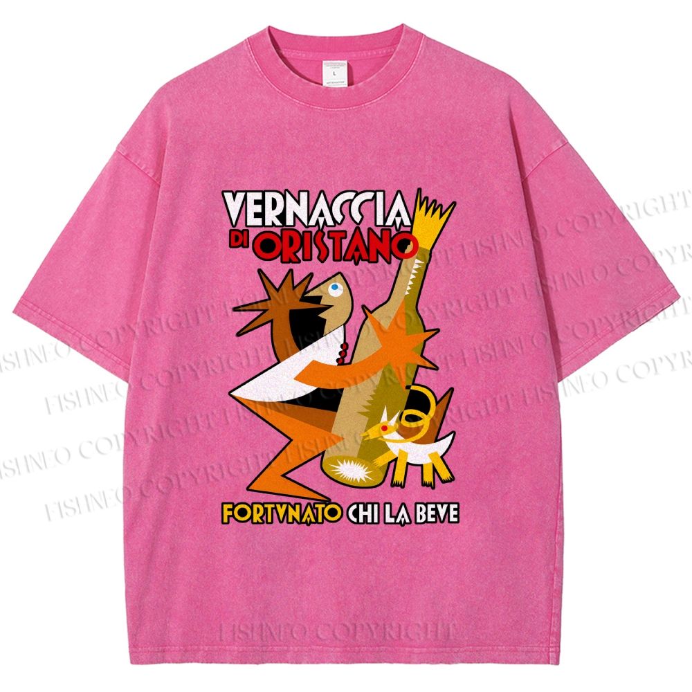 Unisex Fortunato Depero Geometric Funny Man Holding a Beer With Dog Printed Washed Tee