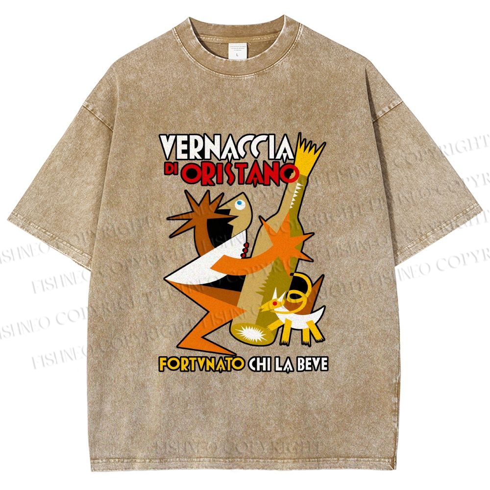 Unisex Fortunato Depero Geometric Funny Man Holding a Beer With Dog Printed Washed Tee