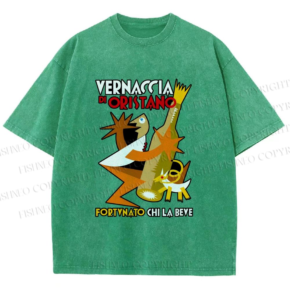 Unisex Fortunato Depero Geometric Funny Man Holding a Beer With Dog Printed Washed Tee