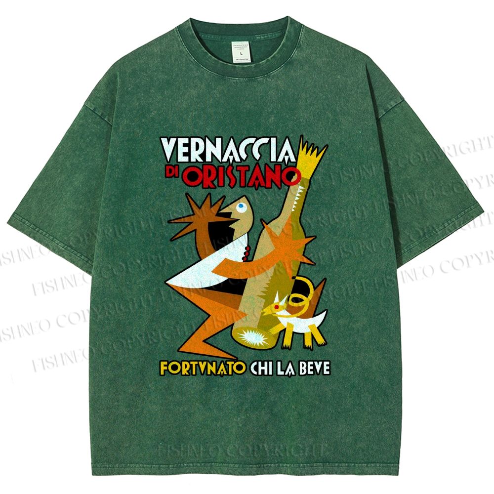 Unisex Fortunato Depero Geometric Funny Man Holding a Beer With Dog Printed Washed Tee