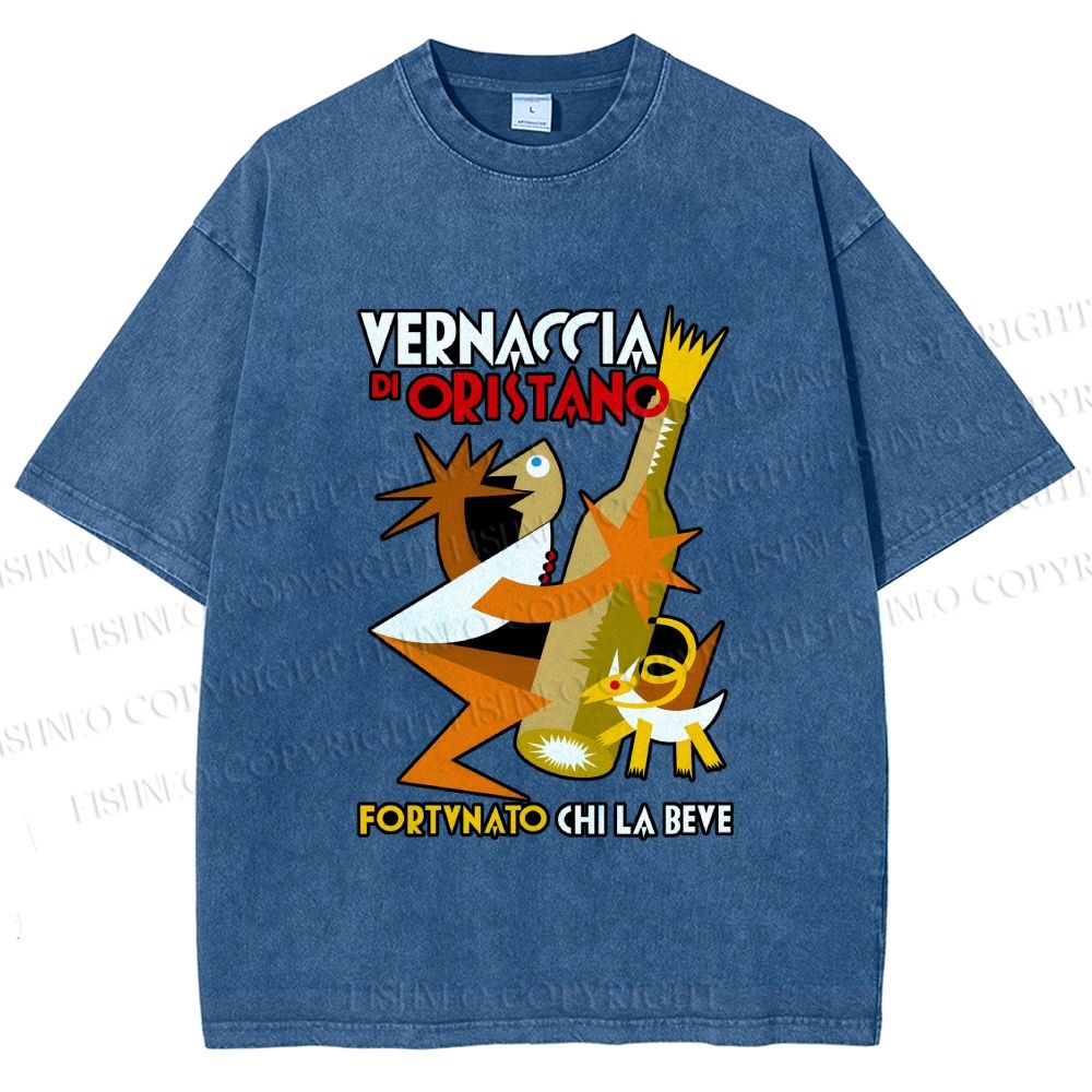 Unisex Fortunato Depero Geometric Funny Man Holding a Beer With Dog Printed Washed Tee