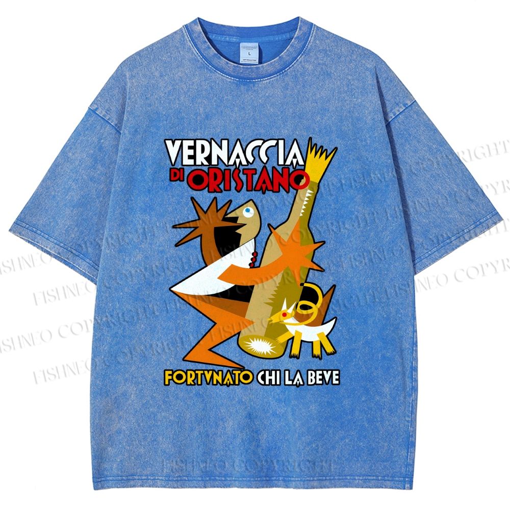 Unisex Fortunato Depero Geometric Funny Man Holding a Beer With Dog Printed Washed Tee