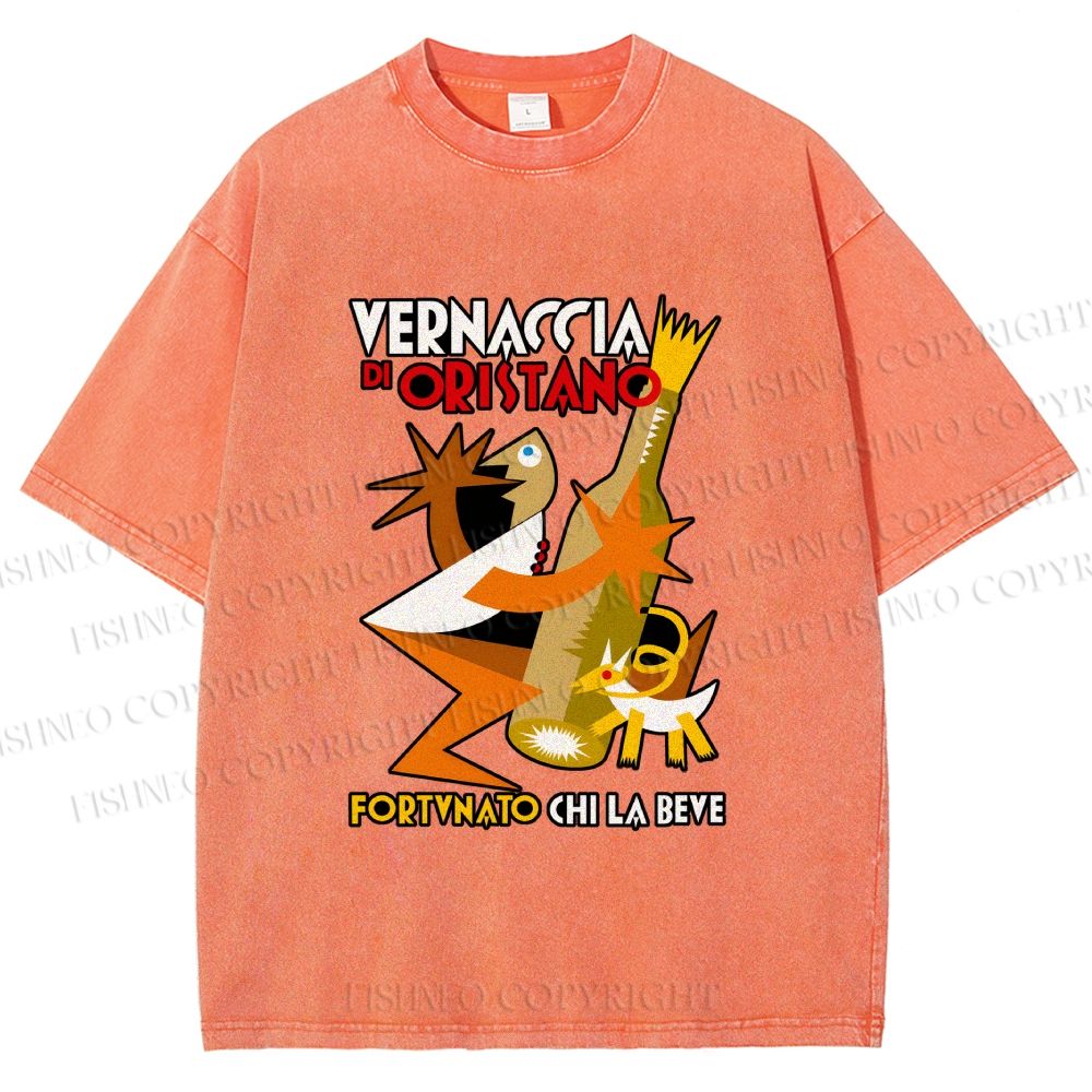 Unisex Fortunato Depero Geometric Funny Man Holding a Beer With Dog Printed Washed Tee