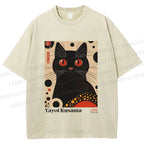 Unisex Yayoi Kusama Black Cat Printed Washed Tee