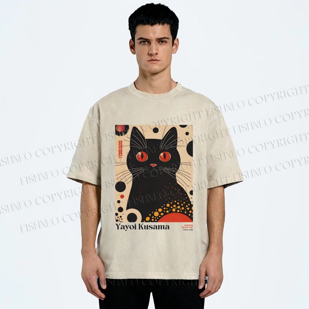Unisex Yayoi Kusama Black Cat Printed Washed Tee