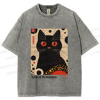 Unisex Yayoi Kusama Black Cat Printed Washed Tee