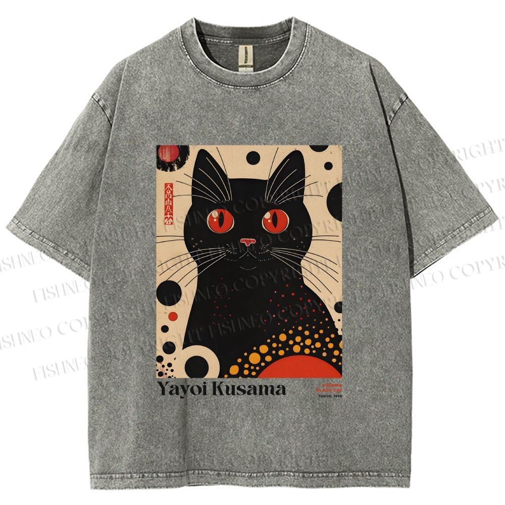 Unisex Yayoi Kusama Black Cat Printed Washed Tee
