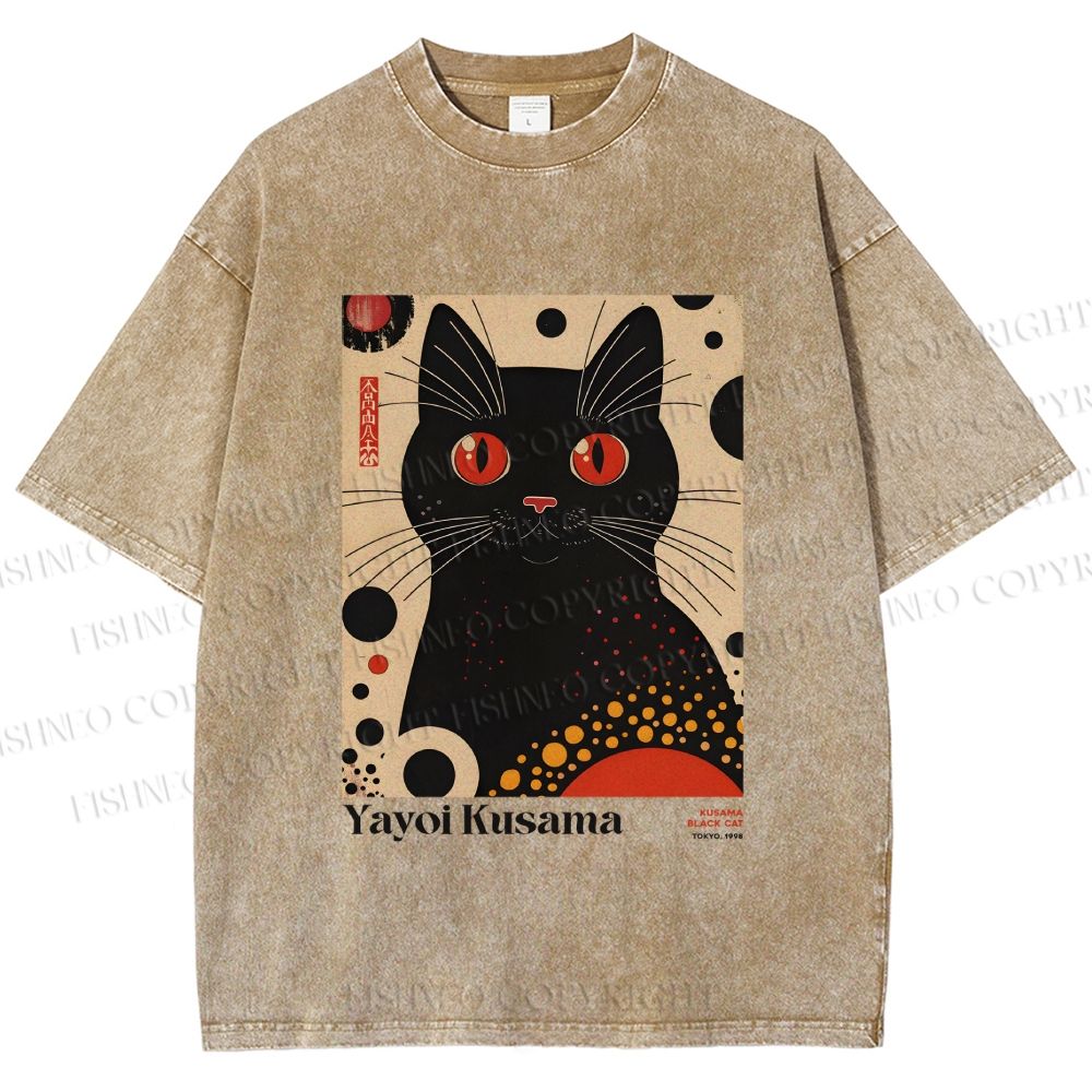 Unisex Yayoi Kusama Black Cat Printed Washed Tee